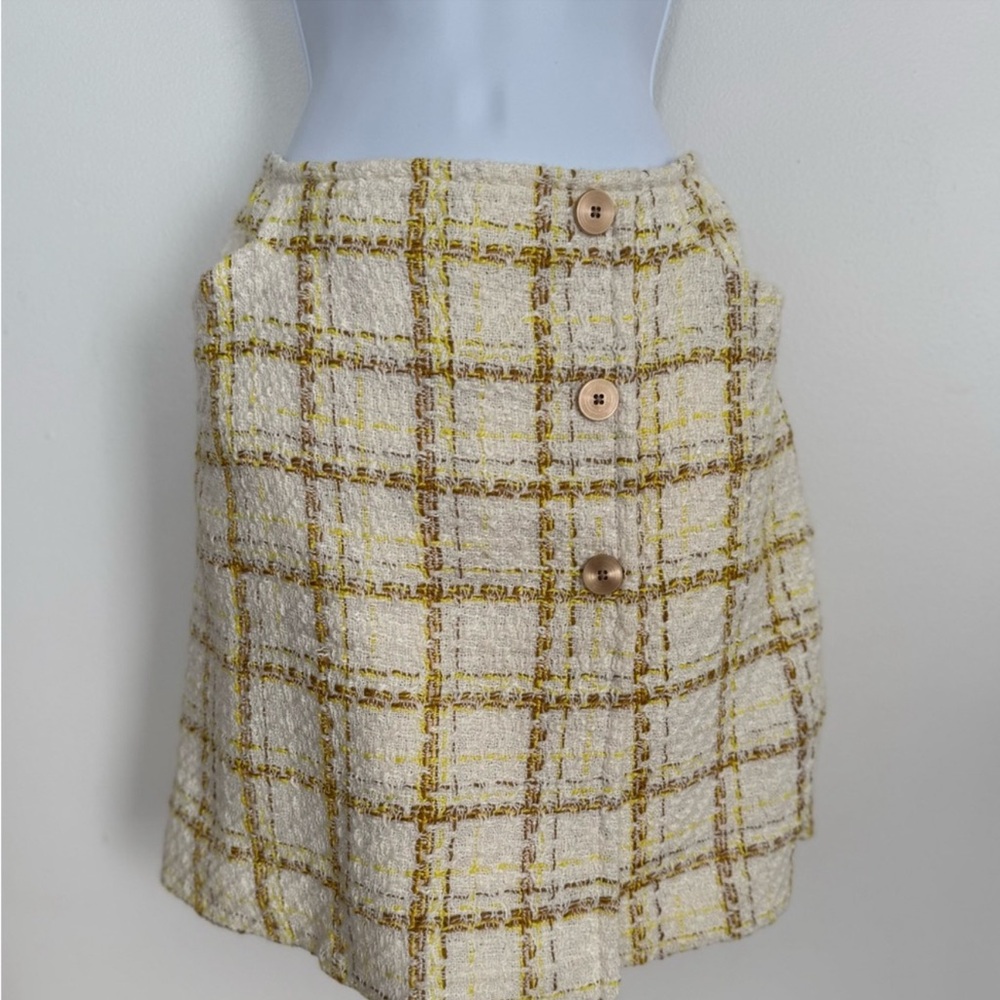 CAbi Cream and Yellow Plaid A-Line Skirt
